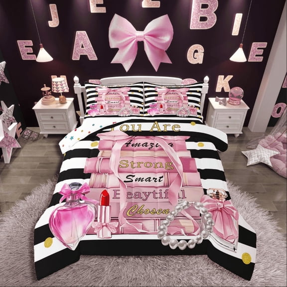 Manfei Kawaii Bow 2pcs Bedding Comforter Set,Pink Fashion Twin Comforter Sets,Black Pink Bedding Set,Breathable Stripes Room Decorative,Reversible