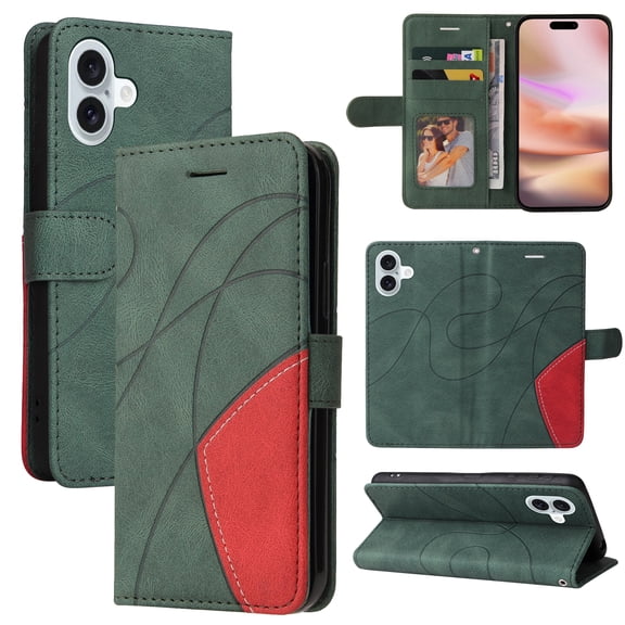 Allytechgroup Flip Cover Case for iPhone 16, RFID Blocking PU Leather TPU Inner Folio Stand Hand Wrist Cards Holder Wallet Case for Apple iPhone 16, Green