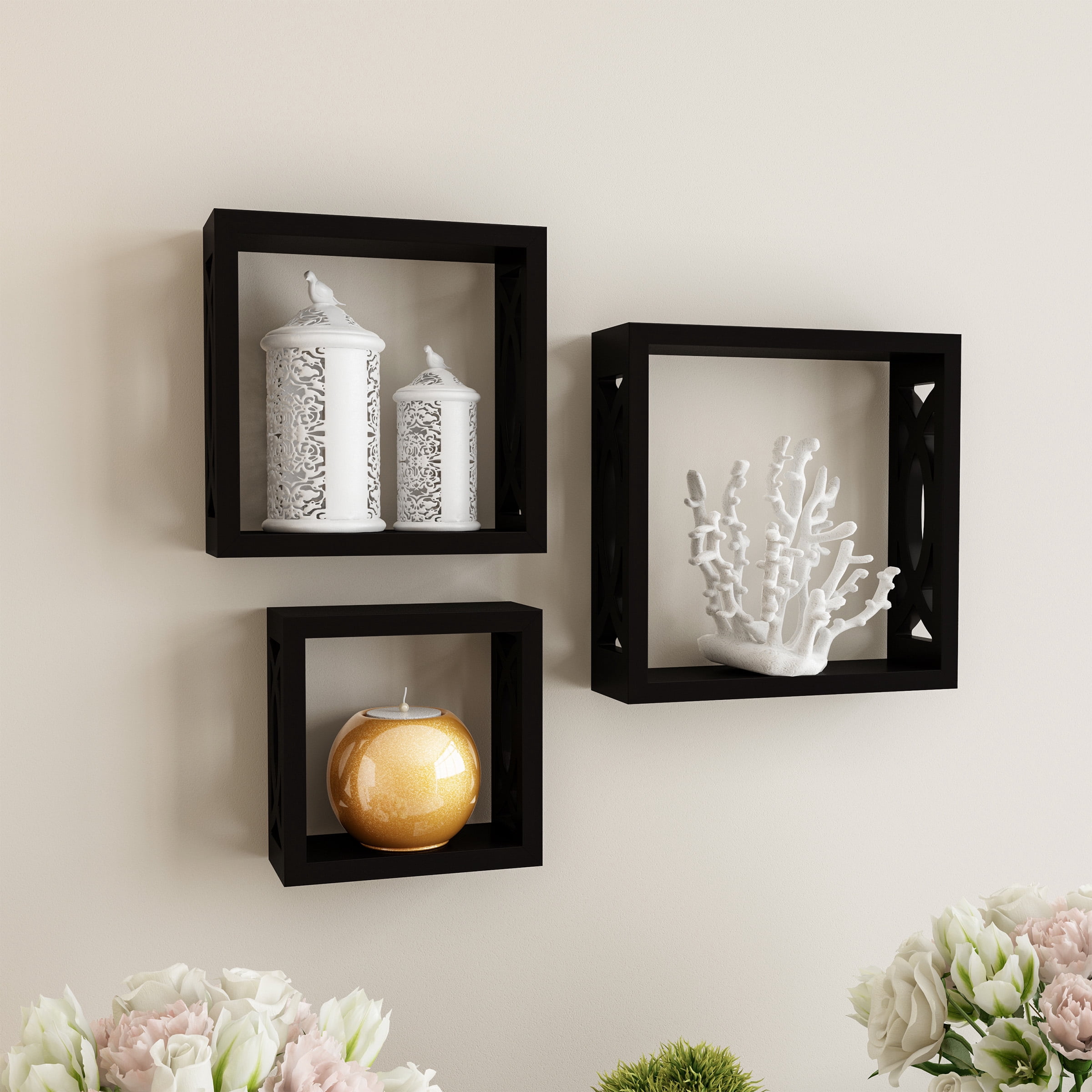 Floating Shelves- Open Cube Wall Shelf Set with Hidden Brackets, 3 Sizes to Display Decor, Photos, More- Hardware Included by Lavish Home (Black)