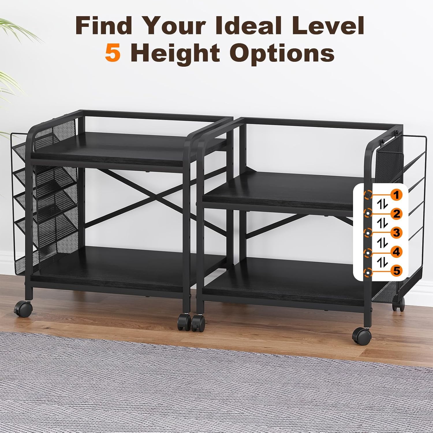 POAO Large Printer Stand with File Holder Organizer, Adjustable Height Shelf with Wheels, Rolling Printer Cart with Storage for Home Office,Black