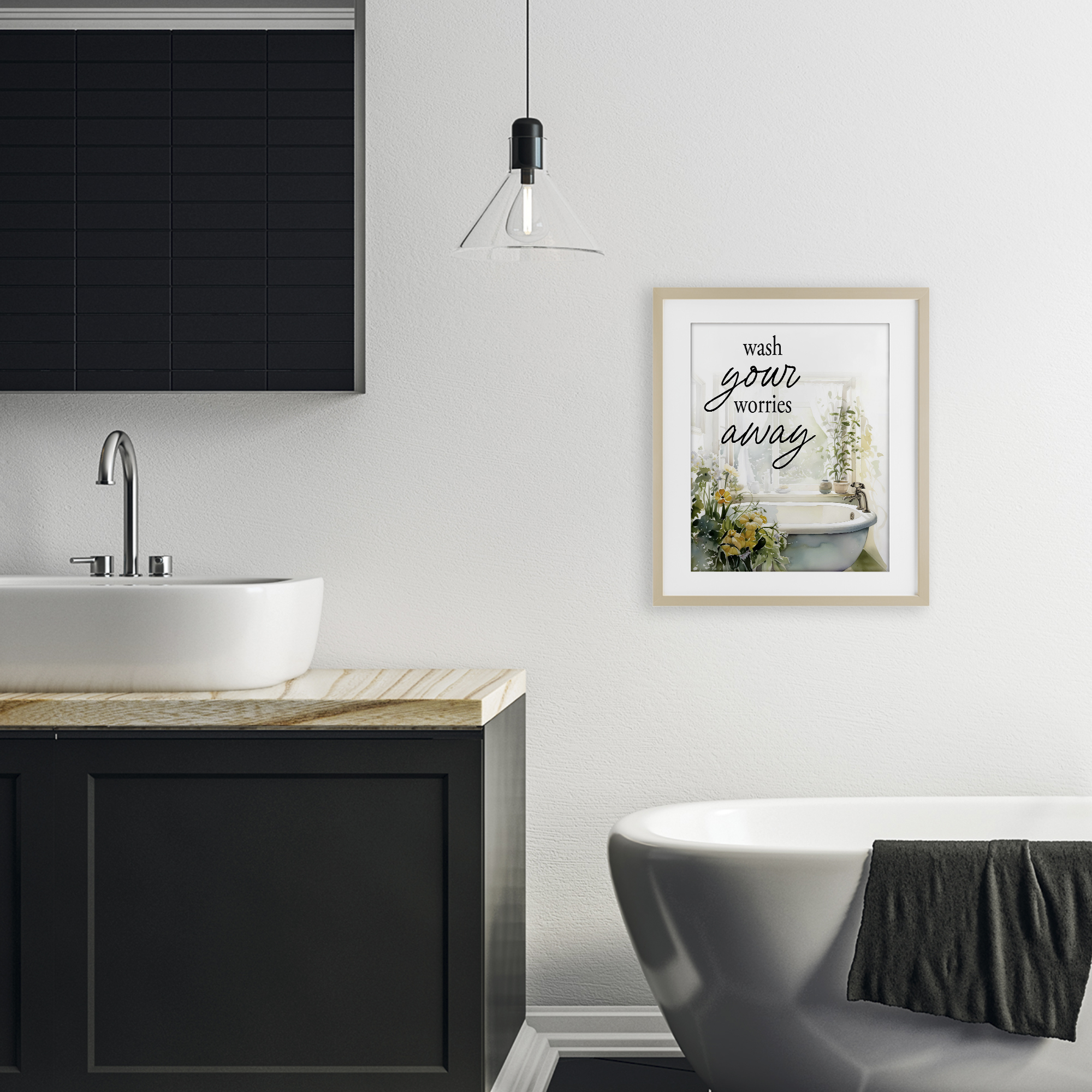 Wash Worries Away Sunlit Bath Birch Framed Print Under Glass, design by Lettered and Lined