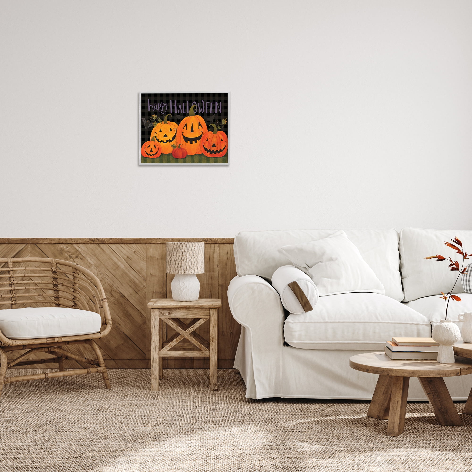 Stupell Industries Halloween Smiling Jack-o-Lanterns Holiday Painting Gray Framed Art Print Wall Art, 20 x 16