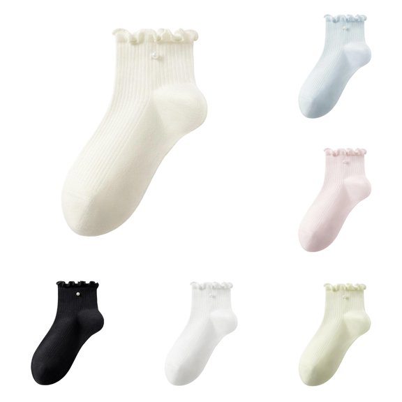 Girls Ruffle Ankle Socks, Frill Cuff Short Socks with Tiny Pearl Decor, Soft Ribbed Solid‑Color Casual Socks for Girls Daily Wear