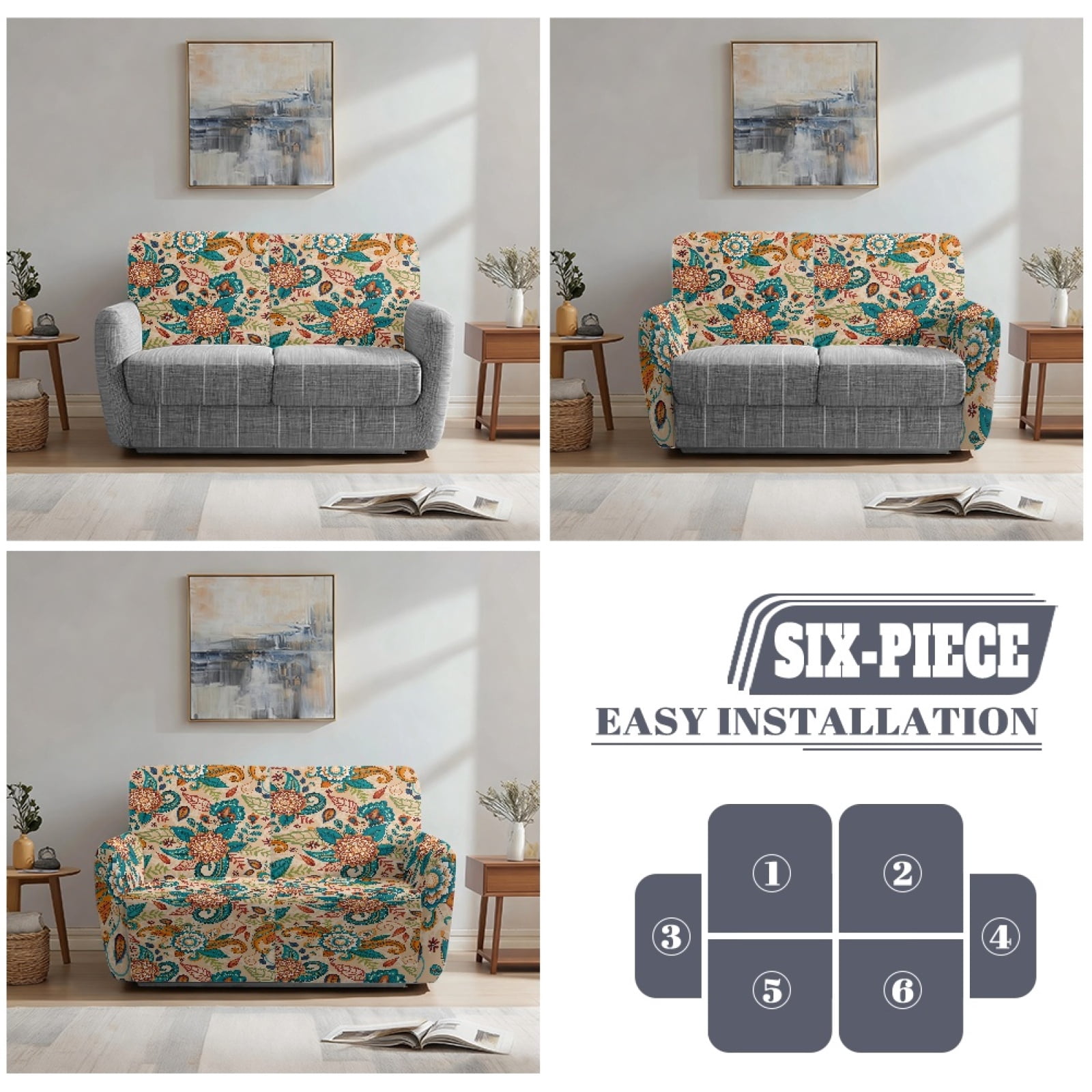 Xoenoiee Boho Mandala Paisley Flower Print 6 Pieces Stretch Recliner Loveseat Covers Soft Reclining Couch Cover with Pockets Anti-Slip Sofa Slipcovers Fitted Furniture Protector for Pet Kid