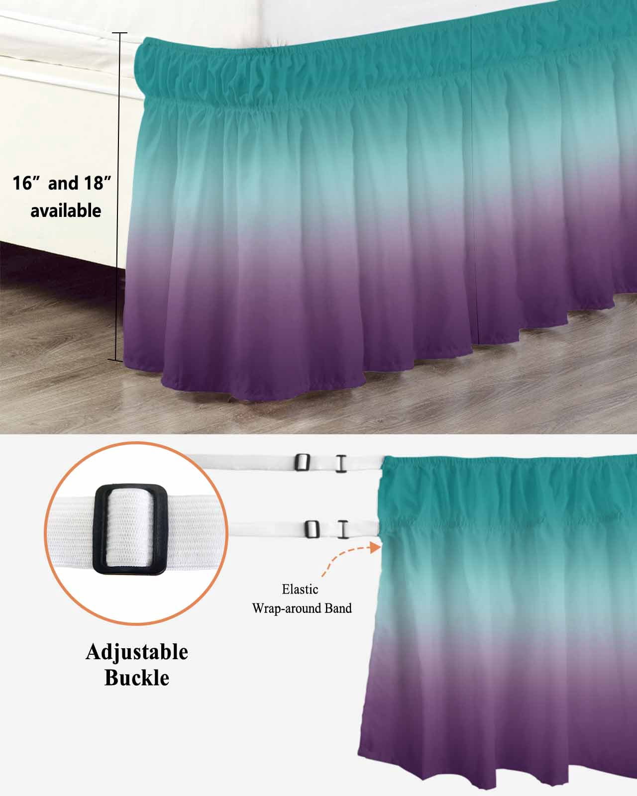 Cyan Turquoise Bed Skirt Queen Size 18" Drop Purple Gridient Ruffled Wrap Around Bed Skirts Adjustable Elastic Bedskirt Dust Ruffle for Queen Size Bed