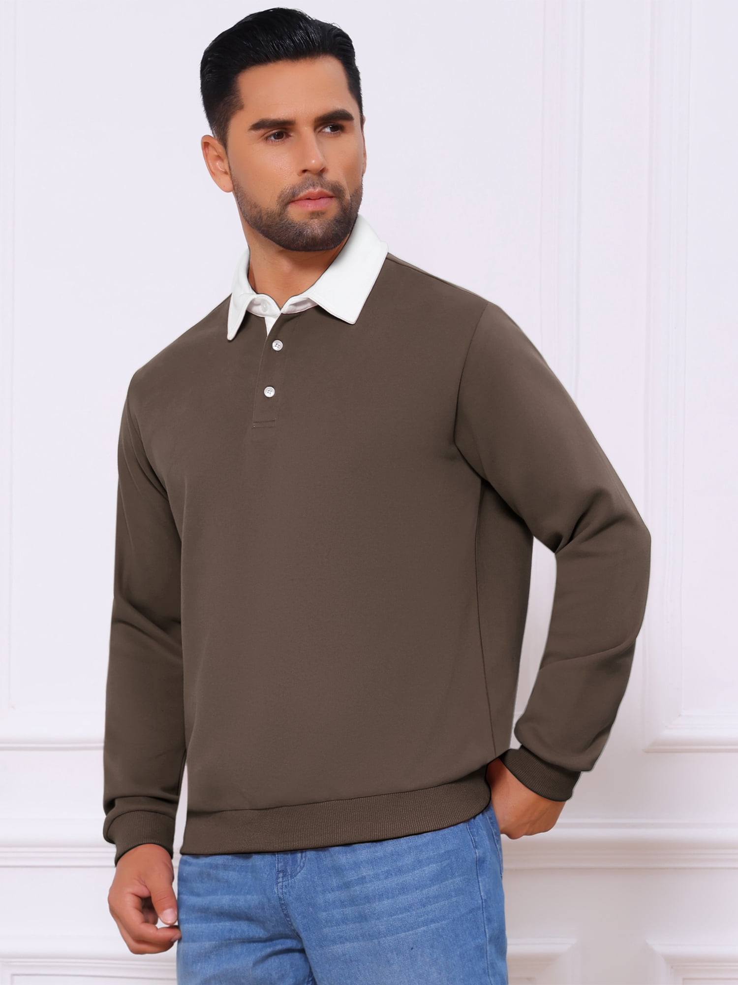 DARING DIVA Men's Contrast Collared Long Sleeves Pullover Polo Sweatshirt XL Brown