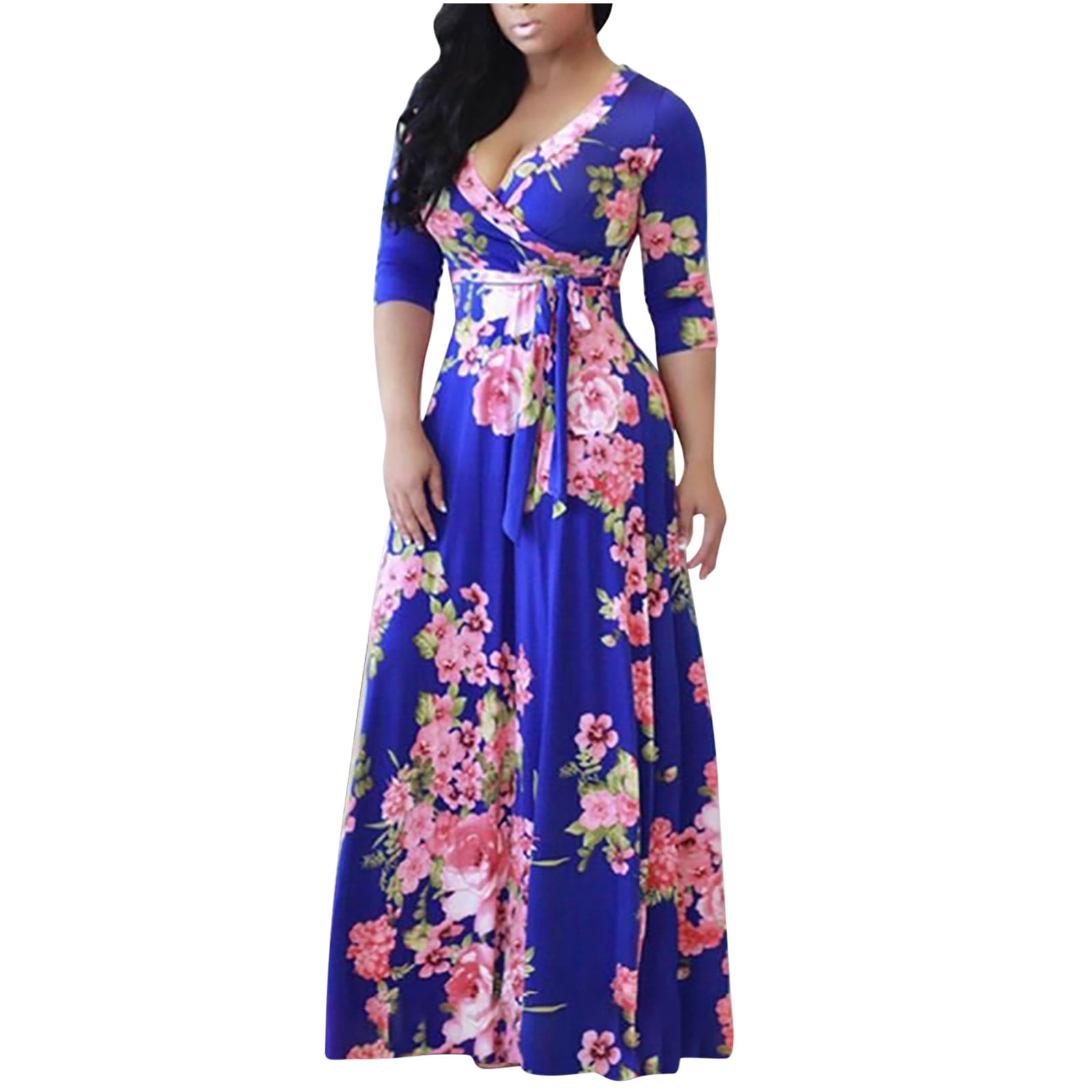 ORT Summer Dresses for Women Plus Size V Neck Floral Print Boho Maxi Dress Wrap Dress Casual Beach Party Sundress 