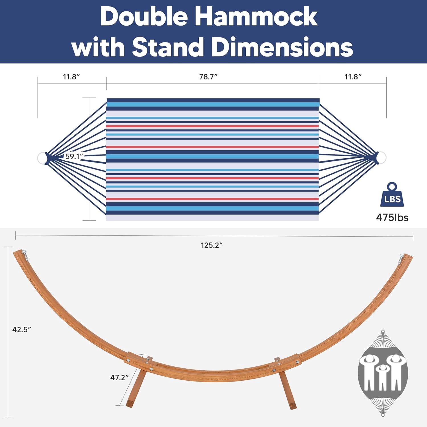 SUNCREAT Outdoor Hammock with Stand Included, Portable Hammock with 10 ft Wooden Stand, Blue Stripes