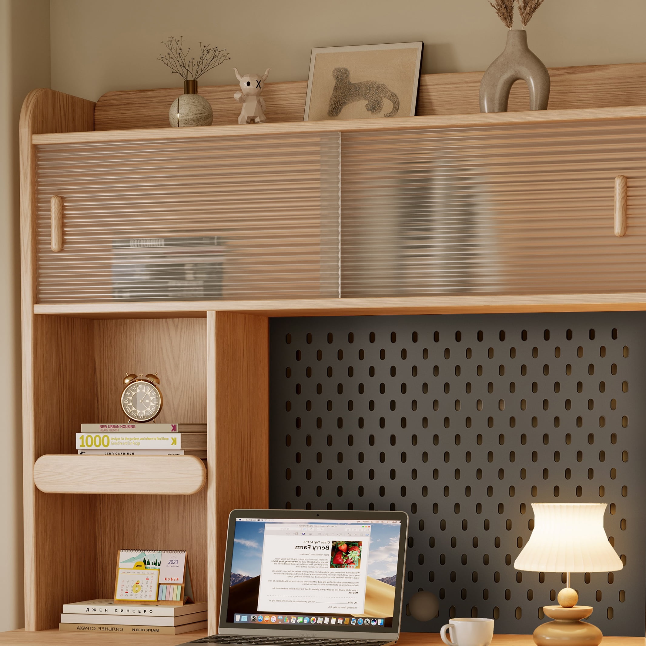 BALANBO Modern Wooden Kids Desk with Hutch and Bookshelf, Nature, Wood of Ash