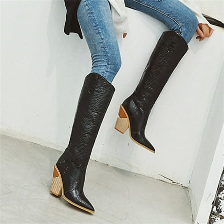 

New Year Deals Fish Scales Pointed Toe High Boots Fall Winter Embossed Wood Grain Thick Heel High Heel Women s Boots
