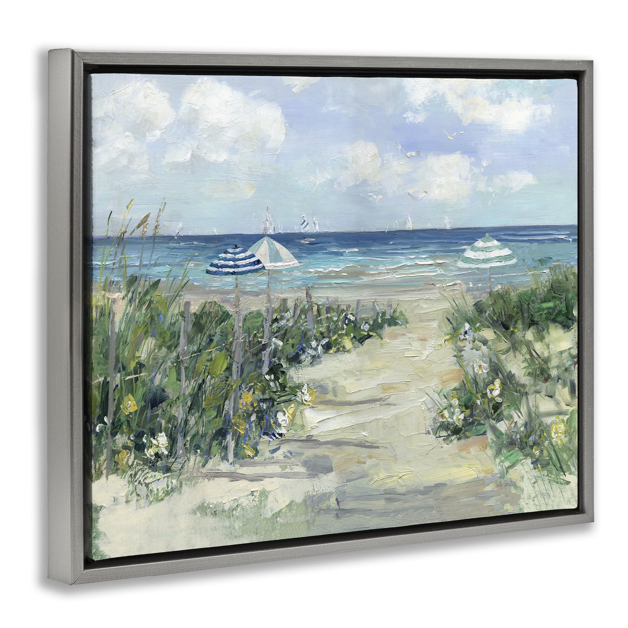 Stupell Industries Seaside Path To Striped Umbrellas Gray Framed Floater Canvas Wall Art, design by Sally Swatland