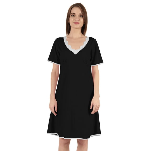 Inkmeso Solid Nightgown Dress For Women Nightwear Lace short sleeve Loungewear Tunic