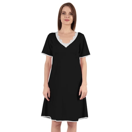 Inkmeso Solid Nightgown Dress For Women Nightwear Lace short sleeve Loungewear Tunic