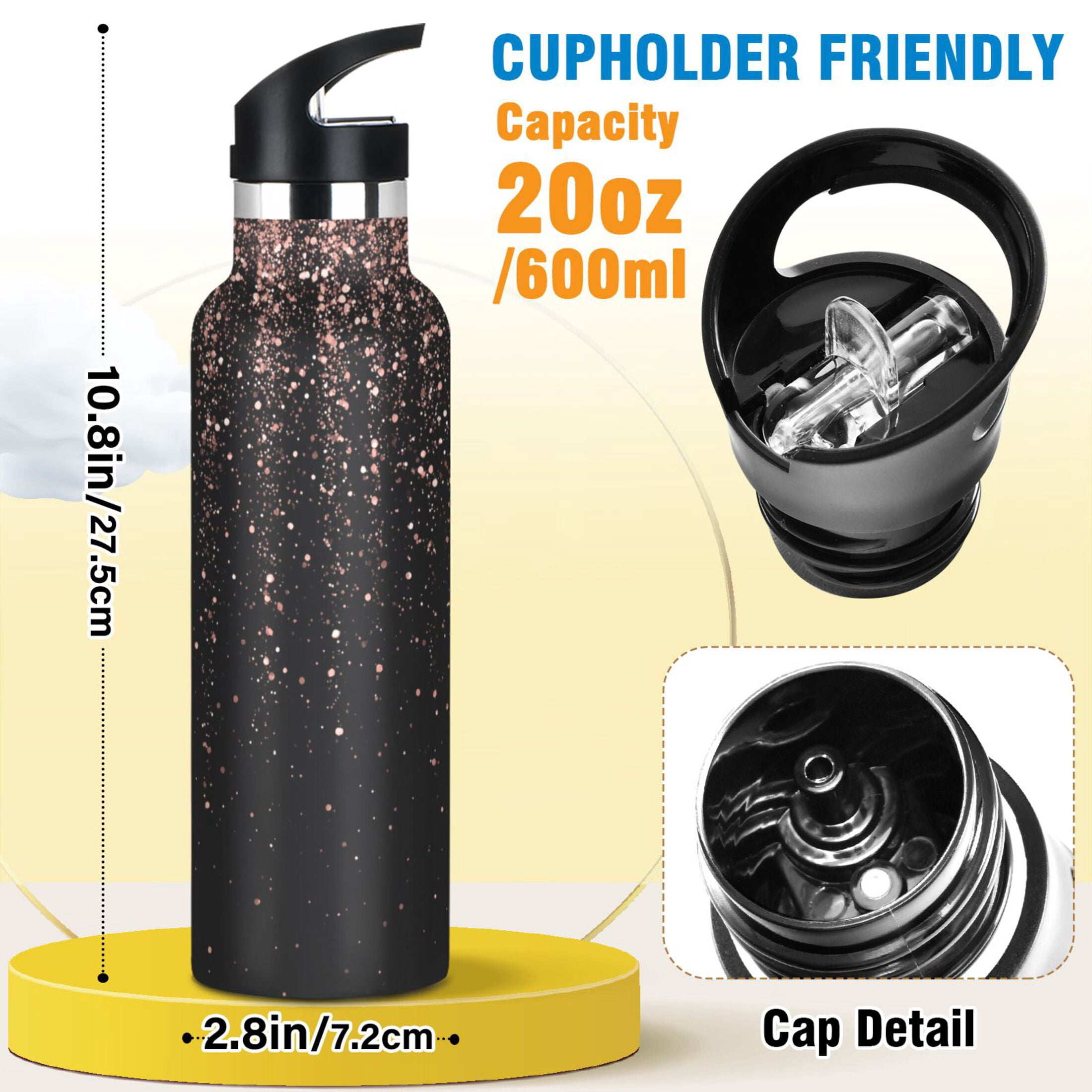 Kids Insulated Stainless Steel Sports Water Bottle 600ml (20oz) Rose Gold Glitter