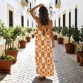 thumbnail image 3 of Women’s Backless Spaghetti Strap Maxi Dress Casual Flowy A-Line Long Dress with Crisscross Tie Back Orange and White Squares, 3 of 6