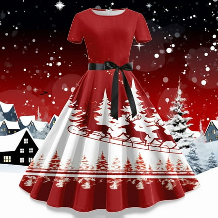 

Women Christmas Print Short Sleeve 1950s Housewife Evening Party Prom Dress