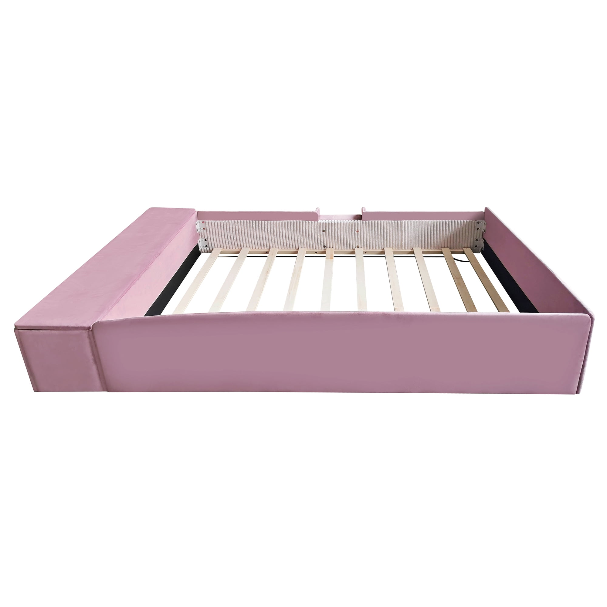Leumius Full Size Floor Bed Frame with Stairs & Gas Lift Storage Ottoman, Velvet Upholstered Daybed with Padded Guardrails, Pink+White