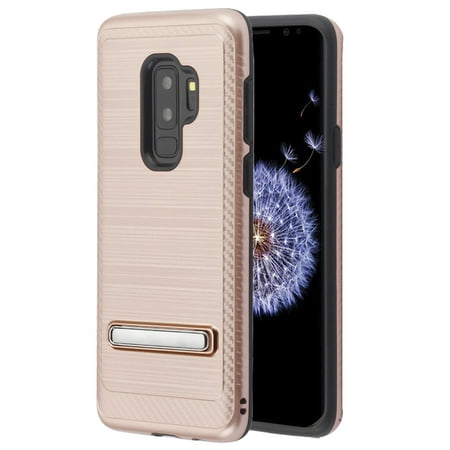 Kaleidio Case For Samsung Galaxy S9 Plus G965 [Vector Armor] Slim TPU [Shockproof] [Brushed Metallic] Hybrid Kickstand Carbon Fiber Accent Cover w/ Overbrawn Prying Tool [Rose Gold/Black]