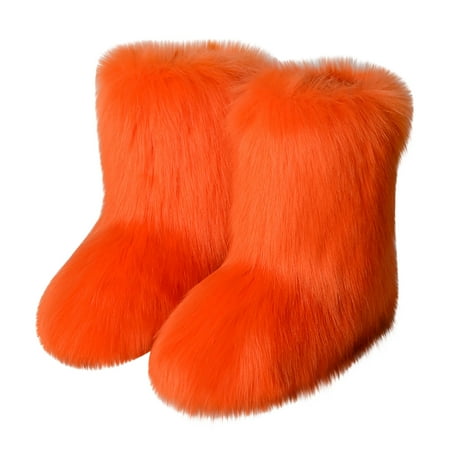 

Juebong Faux Fur Boots for Women Fuzzy Fluffy Furry Round Toe Suede Winter Comfy Plush Warm Short Snow Bootie Flat Shoes Mid-Calf Boots Outdoor Indoor