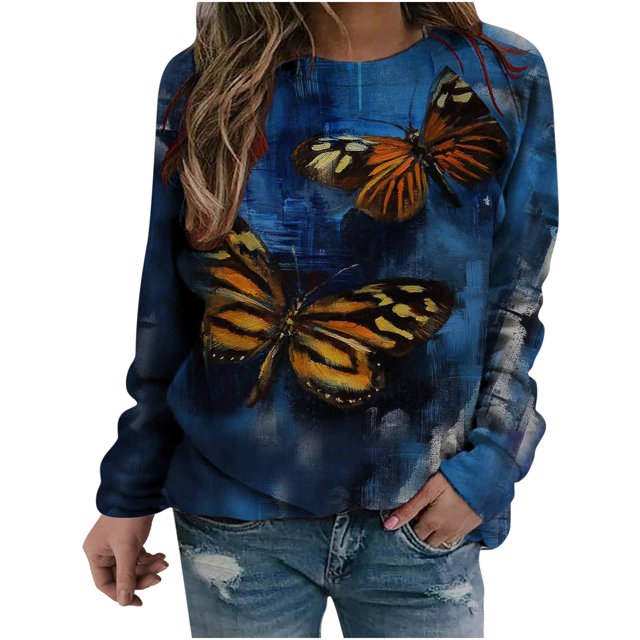 Camisas informales de manga larga para mujer, sudadera de cuello redondo con estampado de mariposa, jersey de cuello redondo, túnica holgada con estampado de puesta de sol Pompotops gfhjh19766