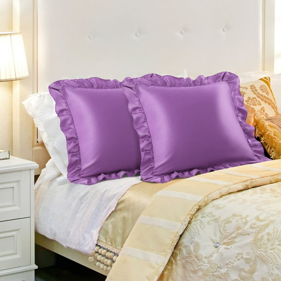 PiccoCasa Satin Pillowcase Ruffled Pillow Shams Set of 2, Standard/Queen Purple