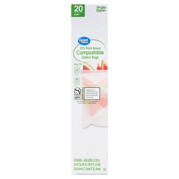 Great Value 25% Plant-Based Compostable Gallon Food Storage Bags, 20 Count