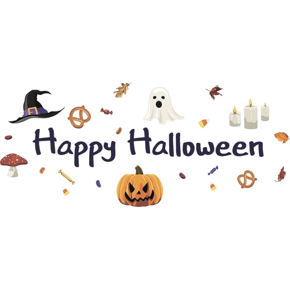 Vinyl Home Living Room Art Happy Halloween Quote Trick Or Treat Decor Ghosts Witch Hat Jack O Lanterns Design Adhesive Wall Decal - 9" x 20" Kids Bedroom Multicolored Wall Decoration Sticker