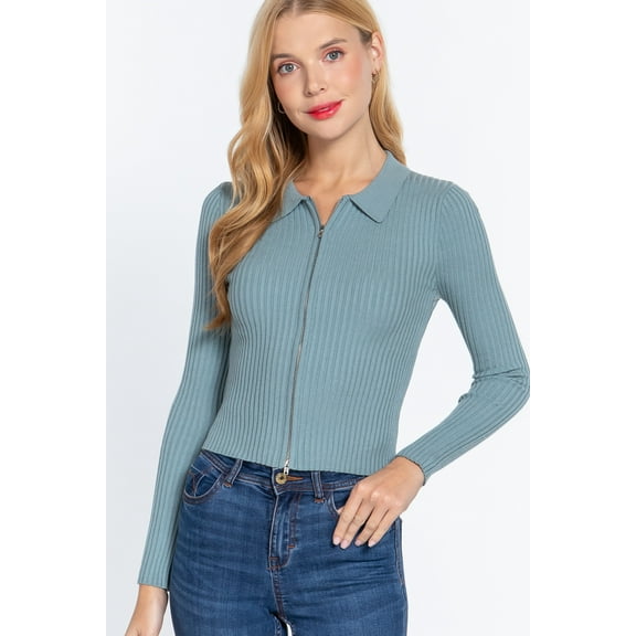 Notched Collar Zippered Sweater S
