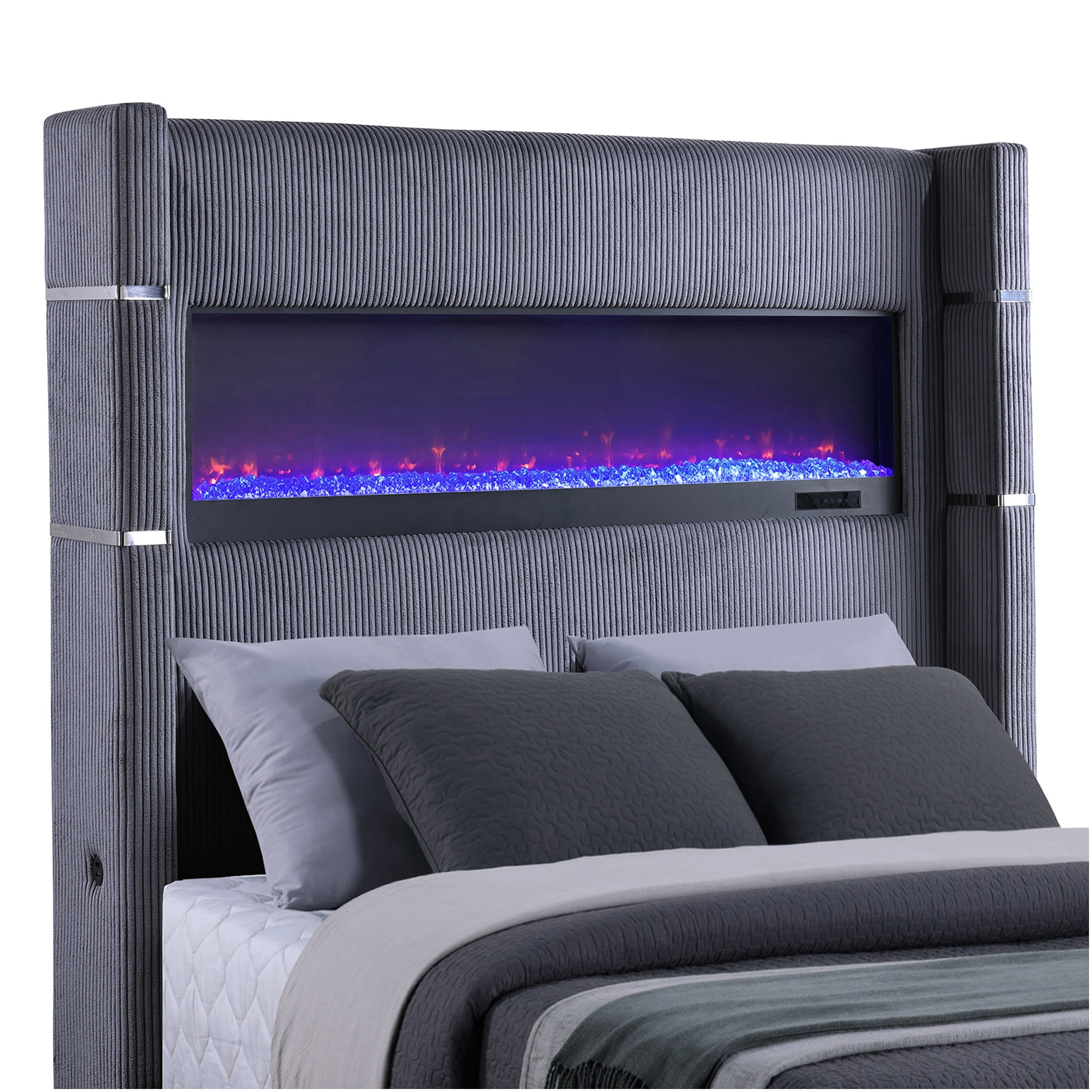 Modern King Size Upholstered Bed Frame with RGB Flame Effects & Storage, Remote Control, Wingback Headboard, Grey