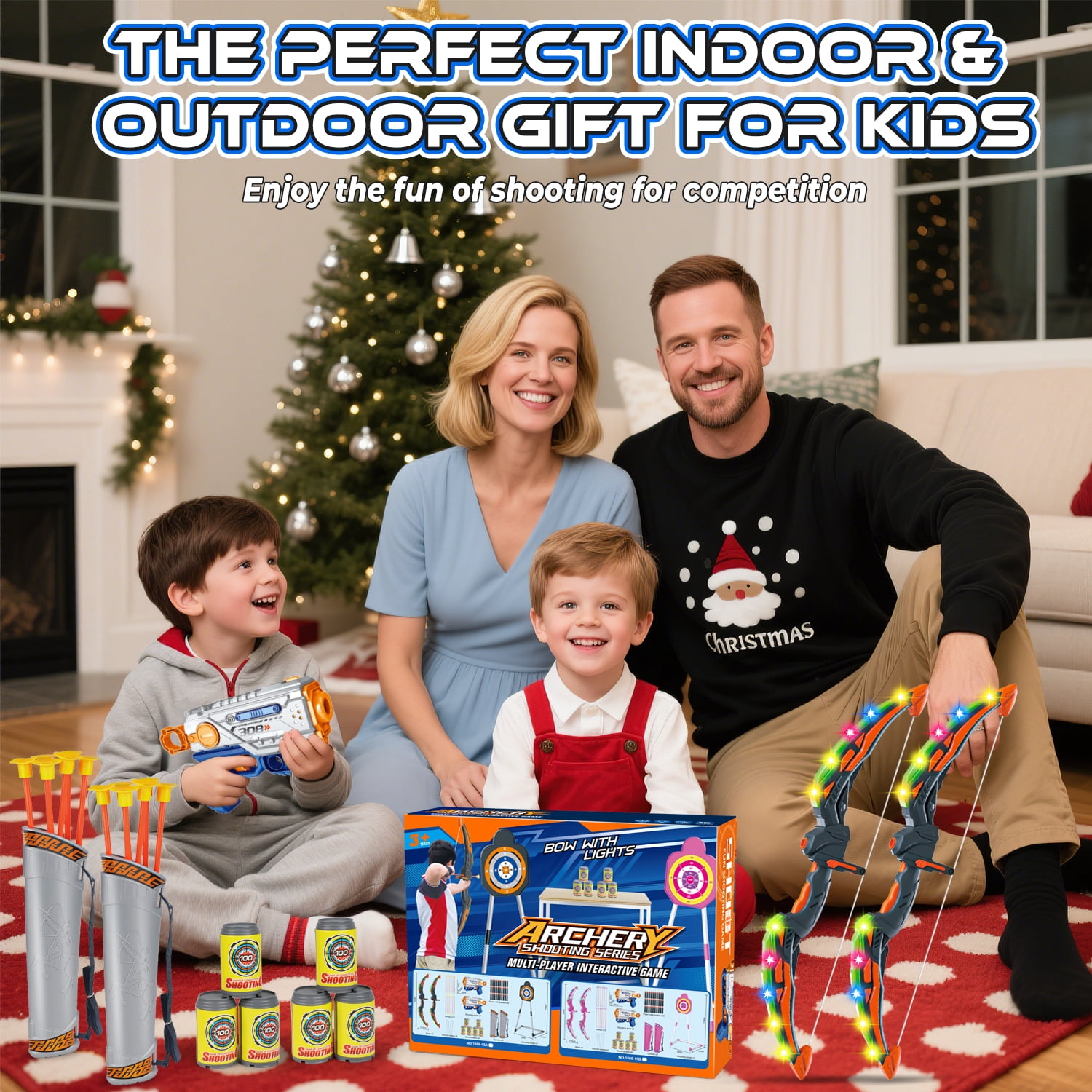 Hot Bee 2 in 1 Light-up Bow and Arrow Standing Shooting Targets Toys, Archery & Foam Dart, 2 LED Bows & 24 Arrows, Indoor Outdoor Shooting Game Christmas Toy Gift for Kids Ages 5-12