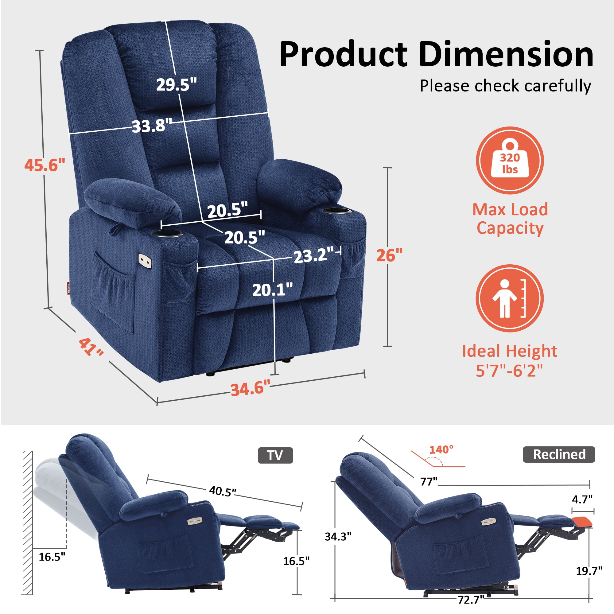 MCombo Large Power Lift Recliner Chair Sofa with Massage and Heat for Elderly People, Extended Footrest, Hand Remote Control, USB Ports, Fabric 7549 (Large, Navy Blue)