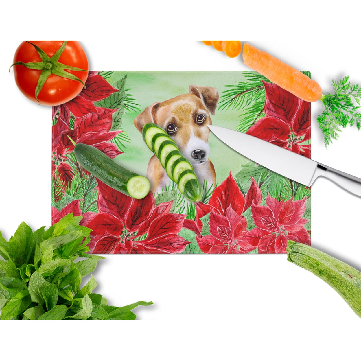 Caroline's Treasures Jack Russell Terrier #2 Poinsettas Glass Cutting Board Large