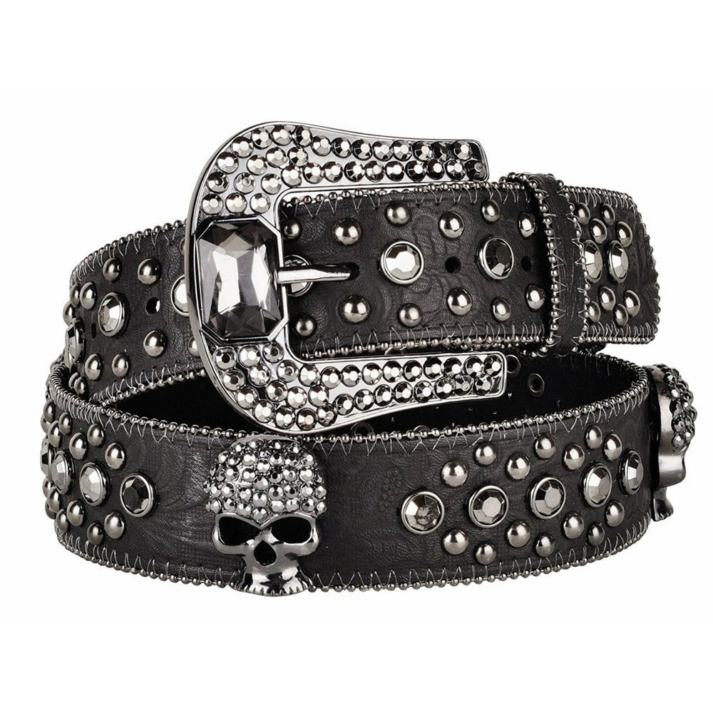 BC Belts Womens Black Western Leather Belt with Hematite Jewels and Skulls
