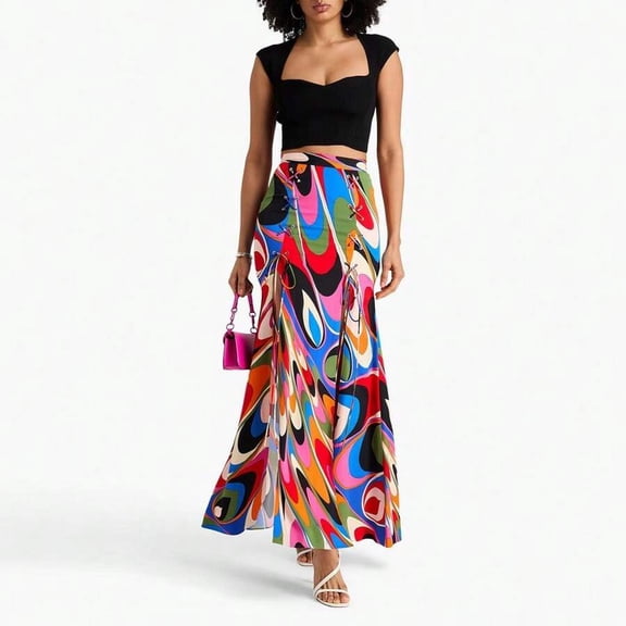 Womens Abstract Print High Waist Maxi Skirt, Colorful Swirl Pattern Lace-Up Slit Flowy Mermaid Skirt, Boho Y2K A-Line
