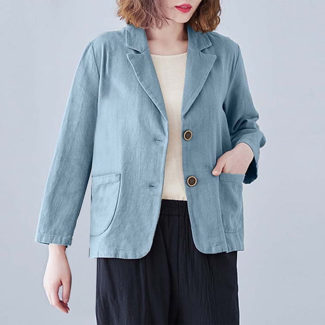 ICHUANYI Clearance Women's Fashion Color Casua Long Sleeve Suit Jacket Button Cotton And Linen Tops Pockets Blouse(Blue, XL) ICHUANYI WER2023081202343