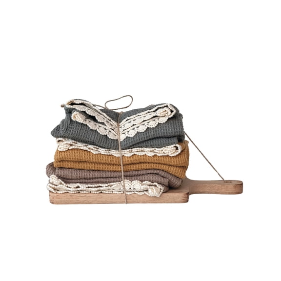 Creative Co-Op Kitchen Cotton Tea Towels on a Mango Wood Board, Multicolor, Set of 3