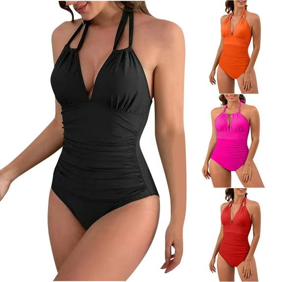 CFLVAEK Black One Piece Swimsuits for Women Tummy Control Double Straps Halter Bathing Suits Solid Color V Neck Cheeky Swim Suits Summer Backless Beachwear with Padded Black L