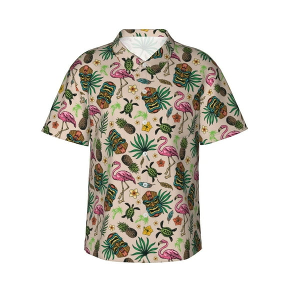 Logiee Tropical Mask Flamingo Print Mens Hawaiian Shirts,Loose-Fit Short Sleeve Button Down Tropical Aloha Beach Shirt,Summer Vacation Wedding Tops,Small