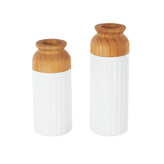 DecMode 11", 10"H Color Block White Metal Vase with Rounded Linear Grooves and Brown Wood Tops, Set of 2