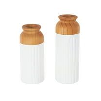 DecMode 11", 10"H Color Block White Metal Vase with Rounded Linear Grooves and Brown Wood Tops, Set of 2