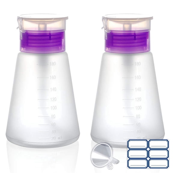 XILAZAB 2-Pack Empty Refillable Pump Bottles, Travel Size 180ml Translucent PP, Lockable Dispenser, Purple (Non-Tip Base, 4 Labels   Funnel)