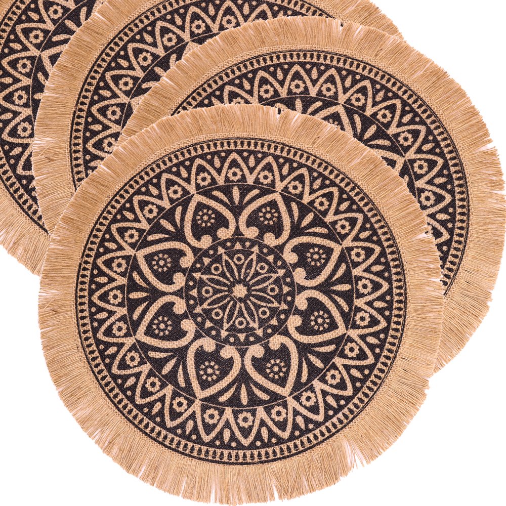 Artsy Crafts Set of 4 Black Mandala Flower Round Placemats, 15" Circle