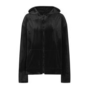 Women's Velour Hooded Jacket Long Sleeve Full Zip Outerwear Soft Warm Velvet Jacket with Side Pockets Black S