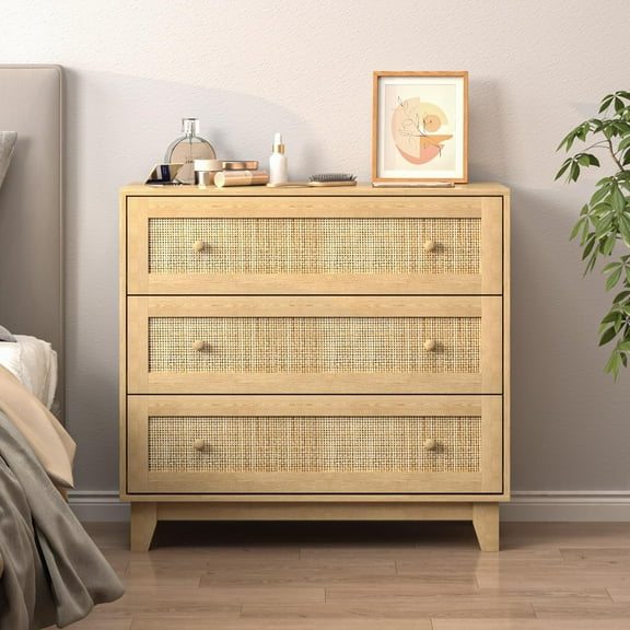 3 Drawer Dresser for Bedroom,Boho Nightstand, Modern Natural Wood Rattan Dresser, Bedside Table for Closet, Chests of Drawers for Entryway, Hallway
