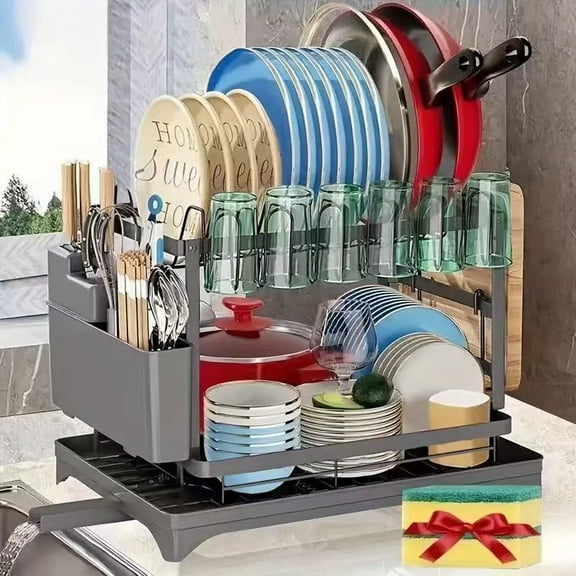 Dish Drying Rack for Kitchen Counter, 2-Tier Stainless Steel Dish Drainer with Drainboard & Utensil Holder, Large Capacity Kitchen Dishes Drying Rack