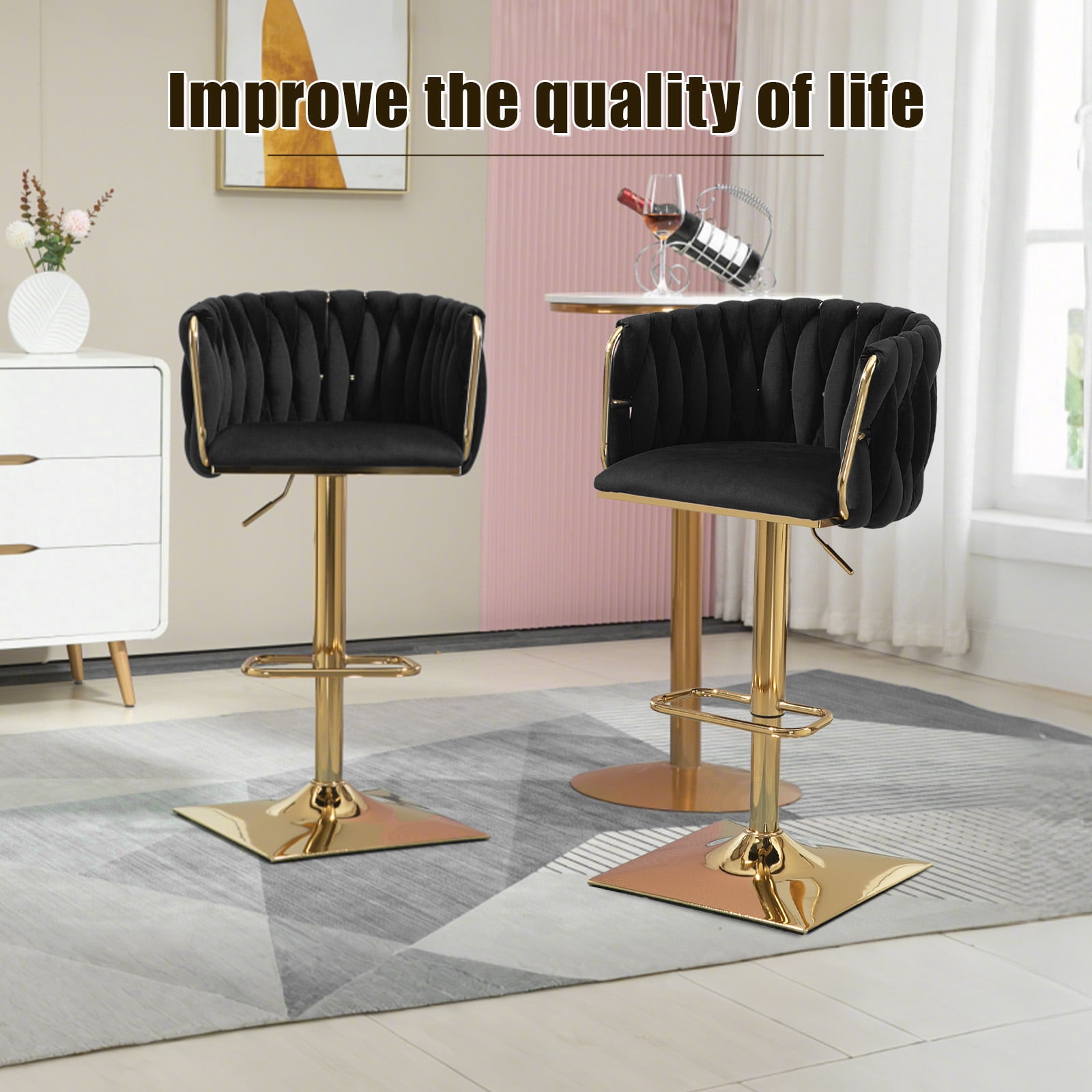 Homefun Velvet Bar Stools Set of 2,Modern Height Adjustable Swivel Barstools Counter Chairs with High Back & Gold Metal Base