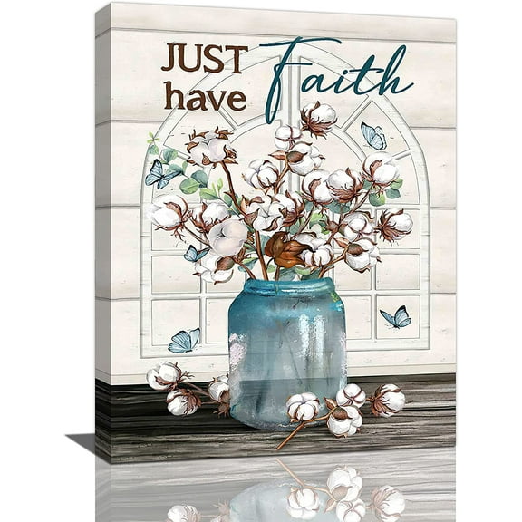 Farmhouse Cotton Bathroom Decor Wall Art Rustic Flower Just Have Faith Butterfly Floral Pictures Wall Decor Canvas Painting Prints Artwork Home Decorations Framed for Bedroom Living Room 12"x16"
