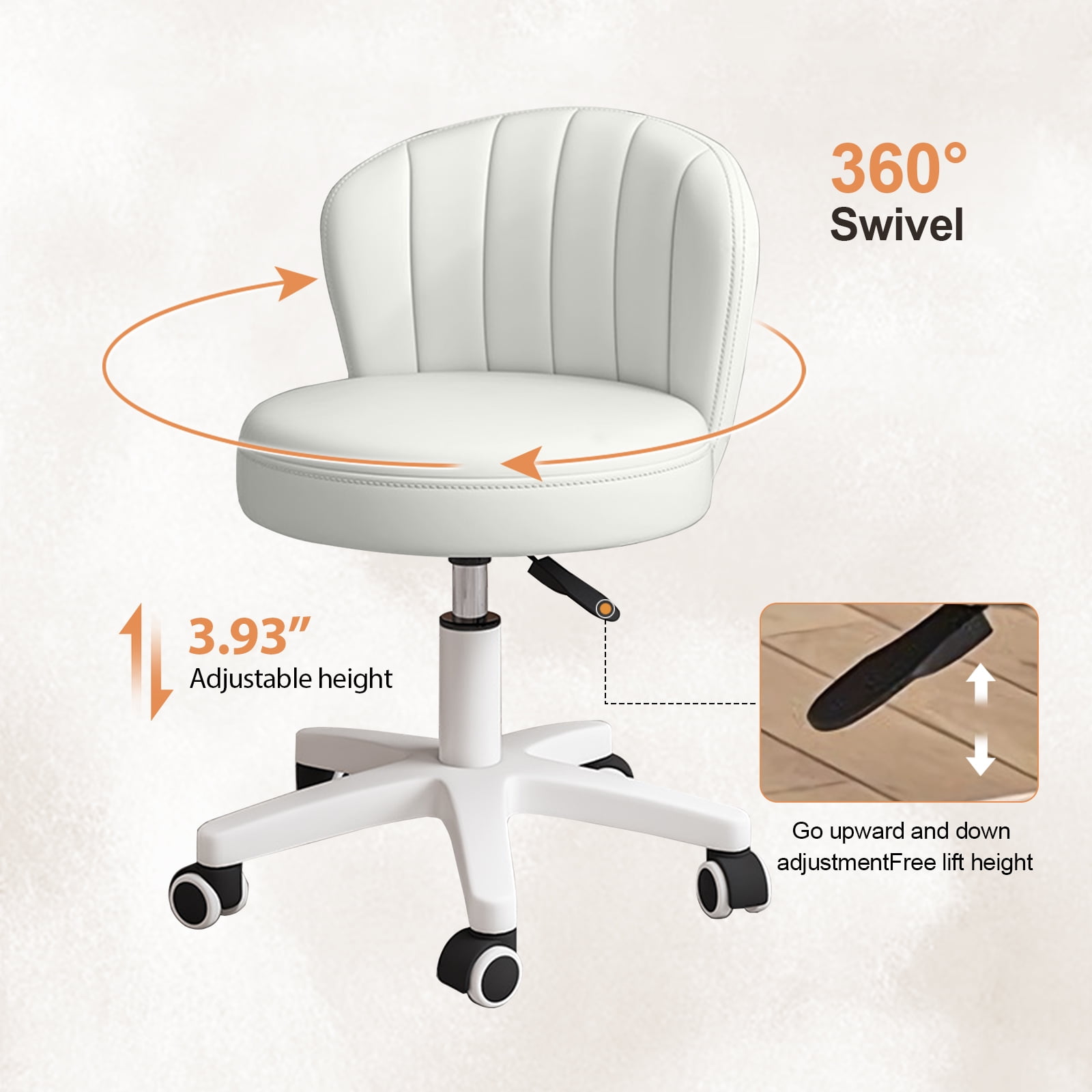 Small Round Rolling Chair with Back PU Leather Height Adjustable，Swivel Vanity Work Computer Stool for Girls and Women，White