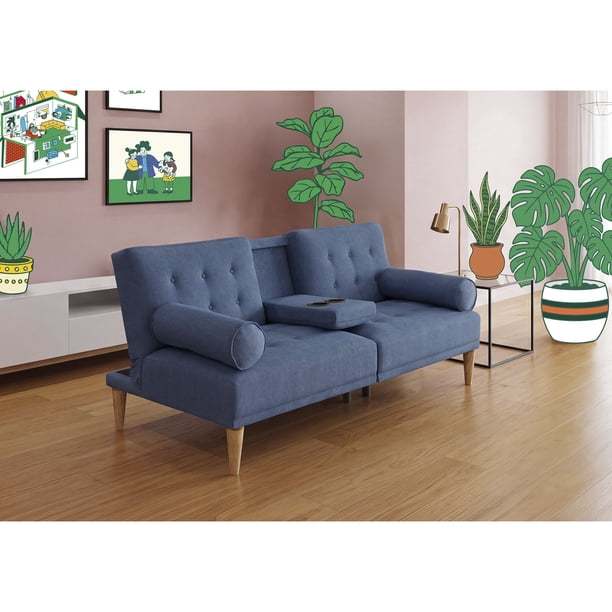Sofá Cama Makora Modelo Zambroni con Portavasos de Velvet Azul
