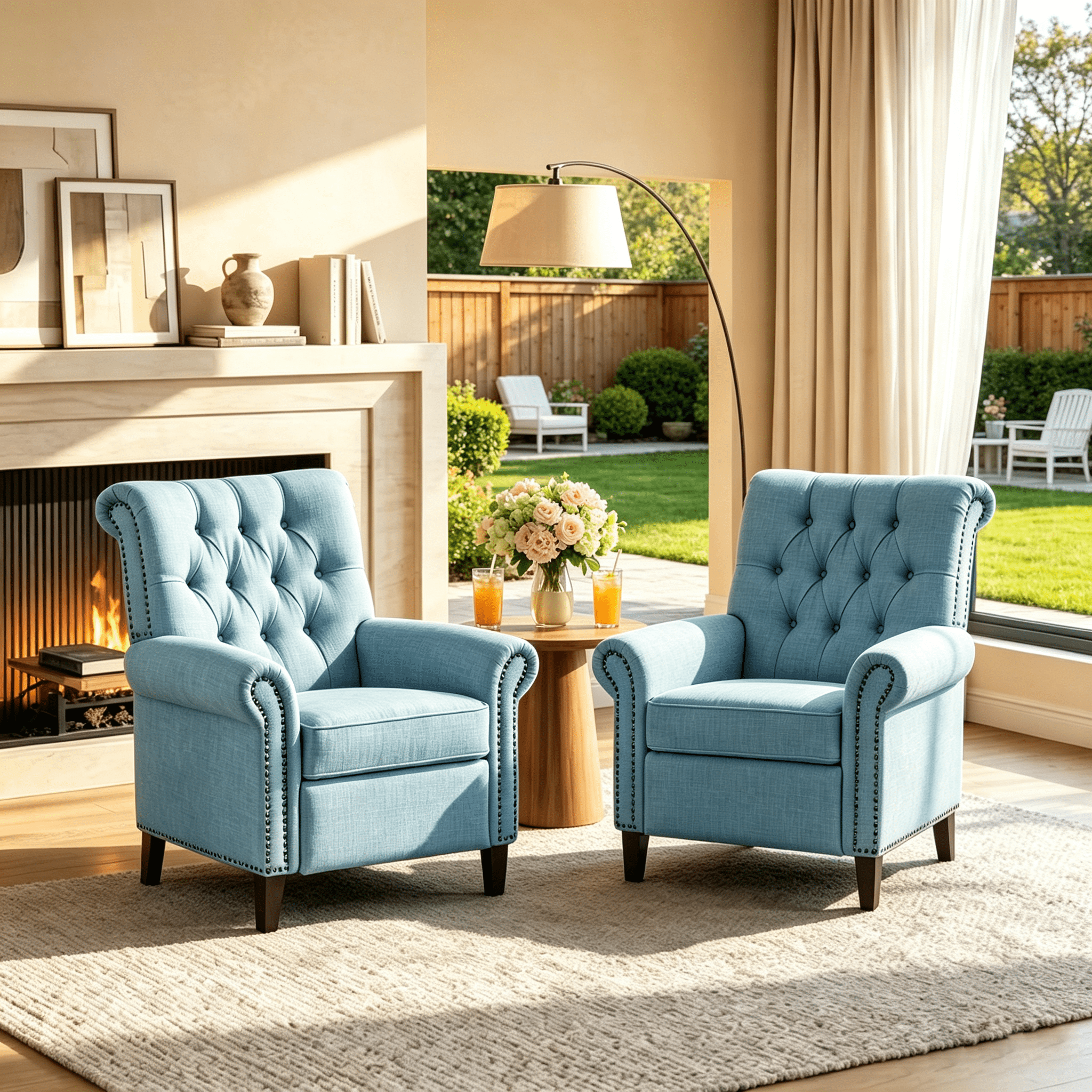 Gewnee 2-Pack Manual Push Back Recliner Chair,Modern Reclining Linen Chair With Nail-Head Trim,Single Chair for Living Room,Office,Bedroom.Blue